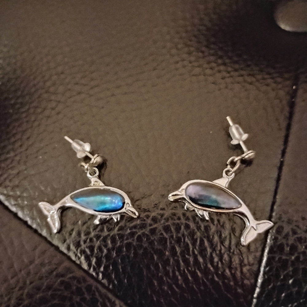 Silver Dolphin Earrings with BlueAbalone Shell Pattern Under Enamel Accents Stud
